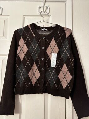 Classic Argyle Button-Up Sweater Cardigan - Brown & Pink